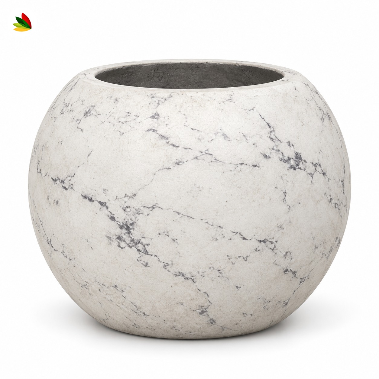 Maceta esférica marmolada · Blanco marmolado de fibrocemento
